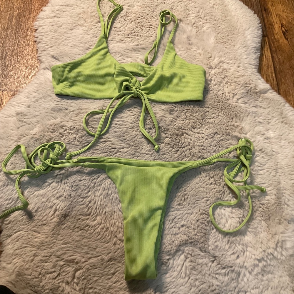 Zaful Bikini Size Small Green Ribbed Tie‎ Sides Sexy Women's